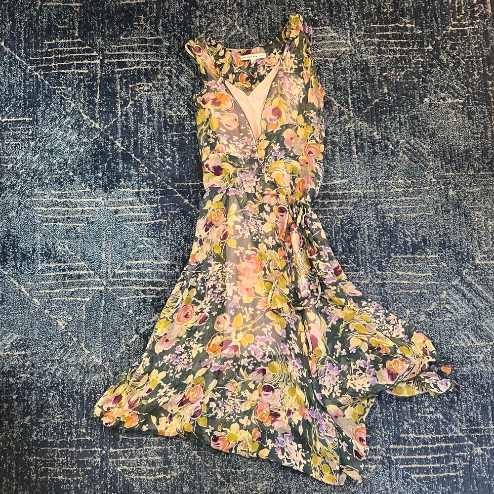 Corey Lynn Calter Sheer Silk Floral Print Wrap Dress Vintge Size 4 Sleeveless